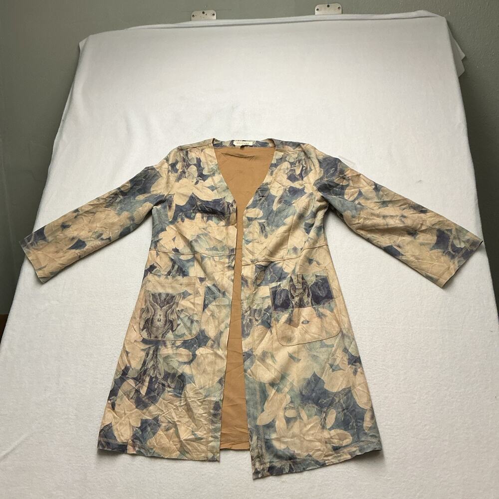 Anthropologie Solitaire Women Jacket Tan Blue Floral V Neck Open Front Sz M,4270